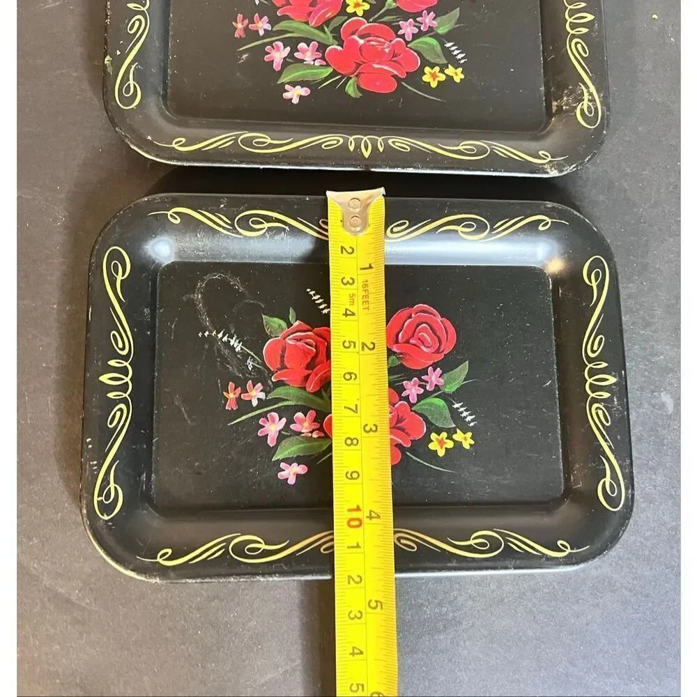 3 Vintage Trinket Trays Metal Black Floral Vanity Small Set Roses